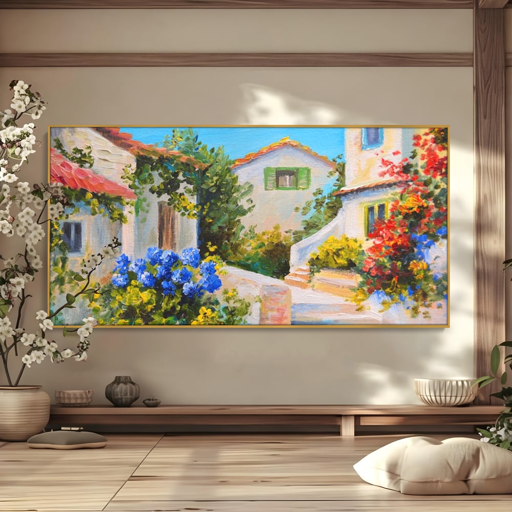 Tablou canvas cu pictura peisaj mediteranean cu case, in rama de aluminiu auriu